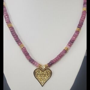 Genuine Amethyst Gradient Bead Necklace Gold Heart Pendant February Birth Stone